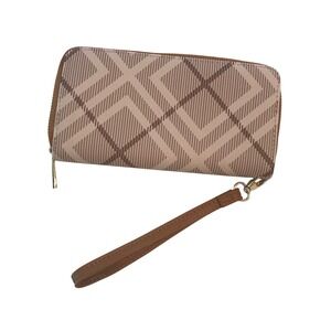 Untamed Luxe Tan Brown Geometric Plaid Zip Around Wristlet Wallet Clutch